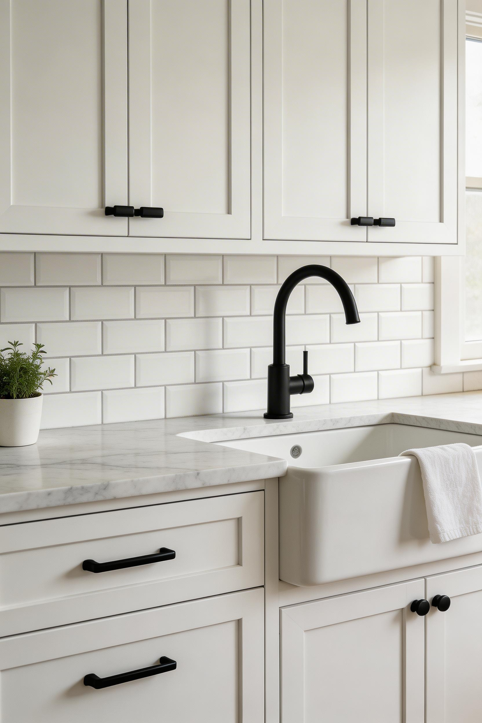 Matte black cabinet pulls and faucet create bold visual punctuation against white cabinetry without changing the palette.