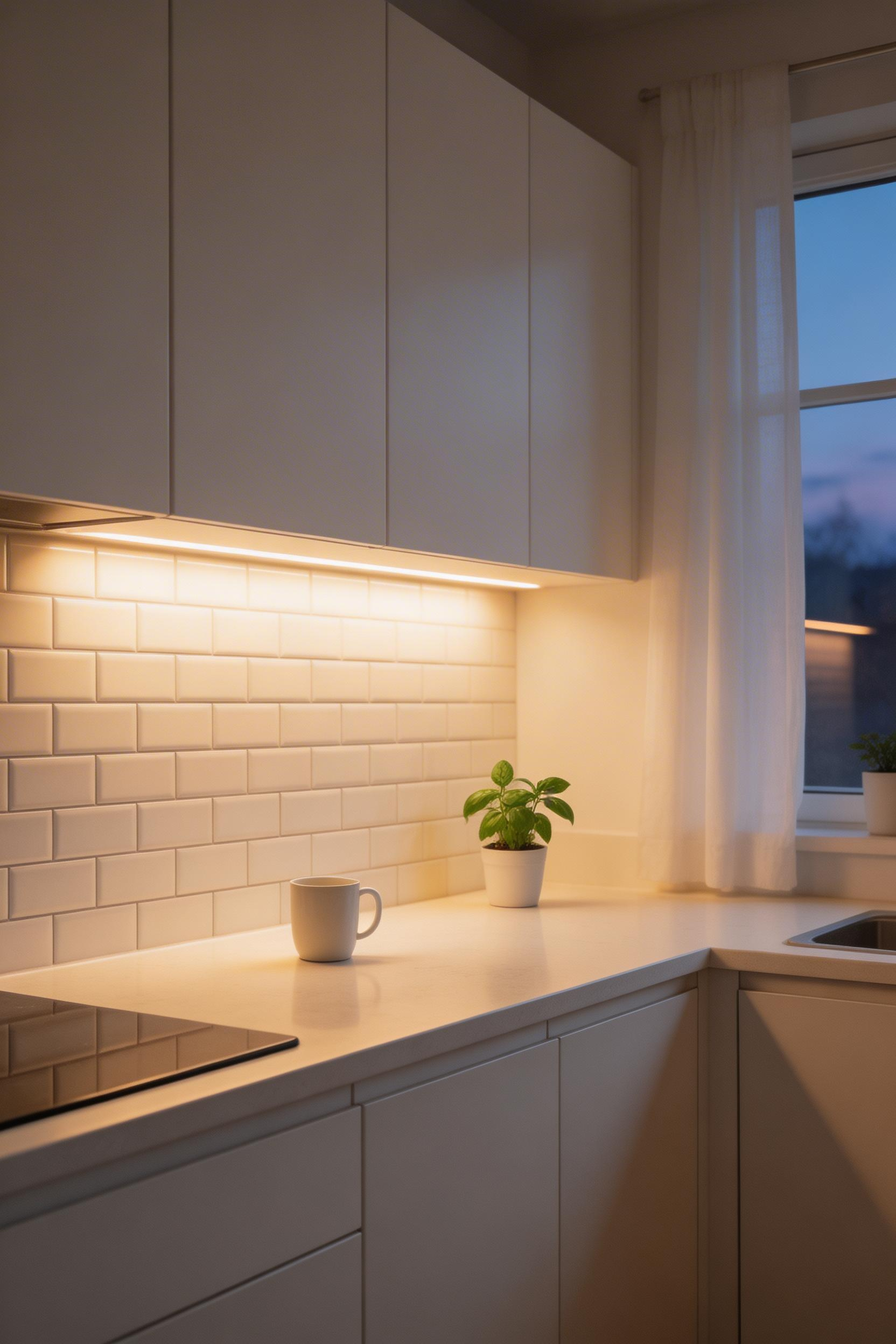 Warm 3000K under-cabinet LED lighting transforms the white kitchen into a cozy Nordic space after sundown.