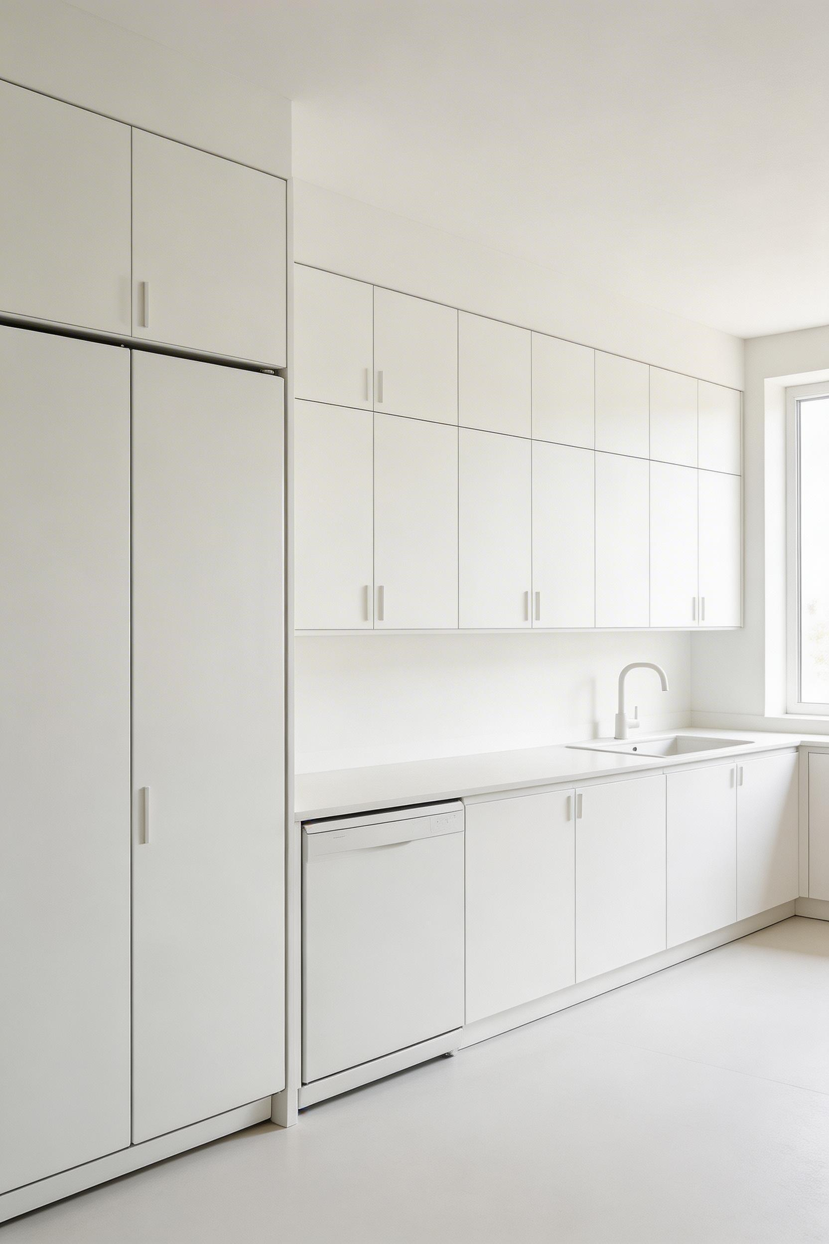 Panel-ready integrated appliances blend seamlessly into white cabinetry for a continuous, uninterrupted kitchen aesthetic.