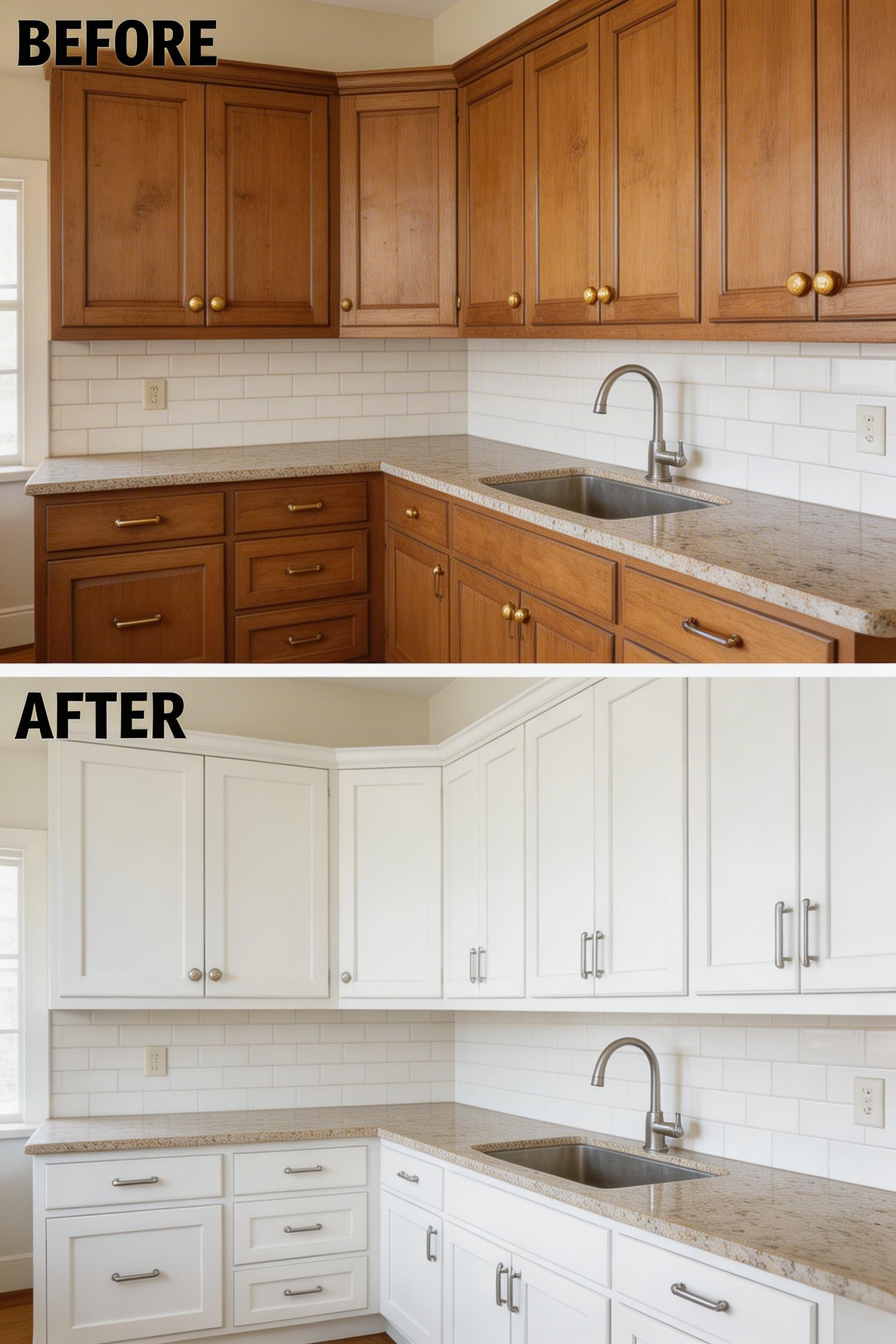 Freshly painted white shaker cabinets in Benjamin Moore White Dove transform a dated kitchen for a fraction of replacement cost.
