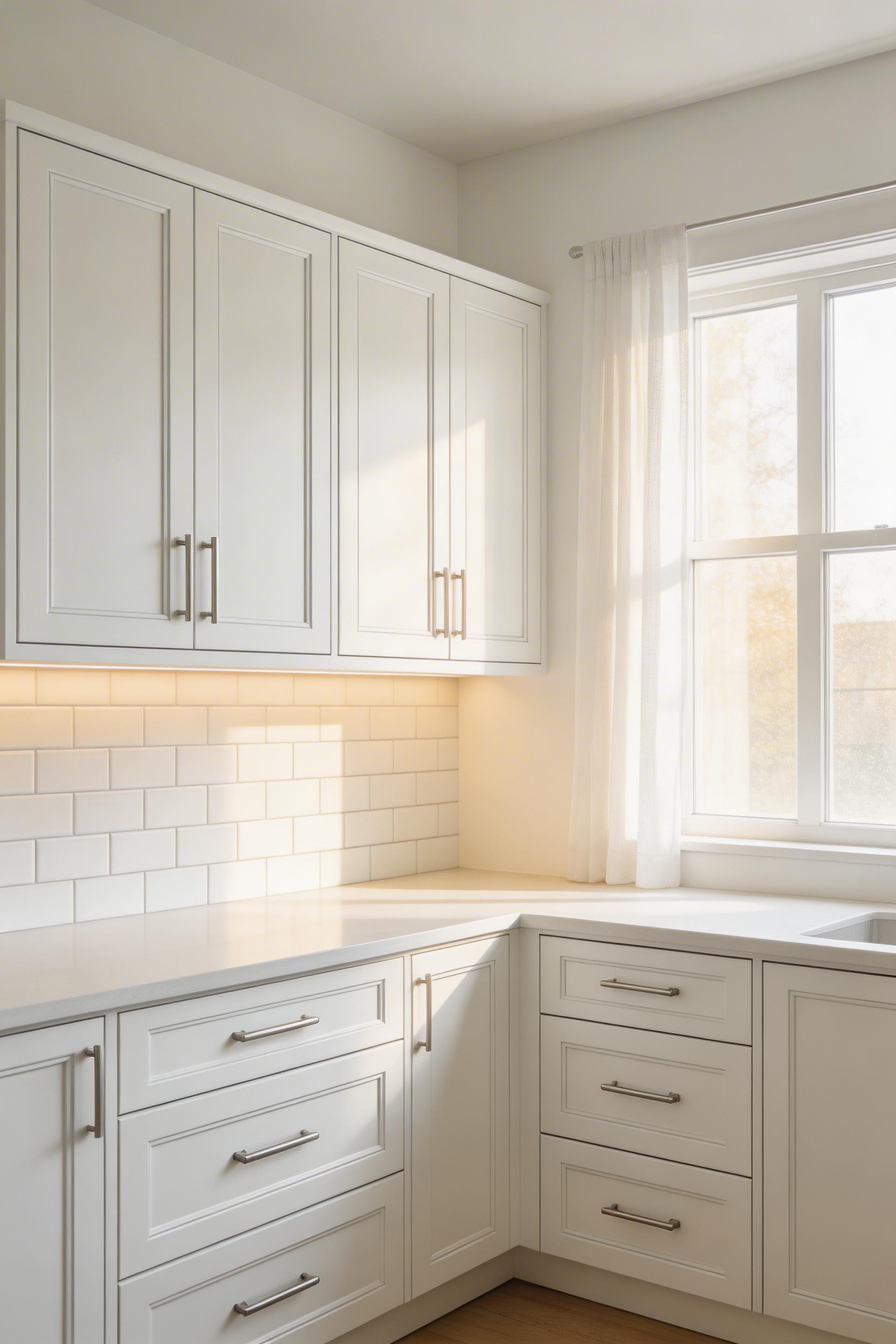 All-white shaker cabinets with brushed nickel hardware create clean, timeless lines in a Scandinavian-inspired kitchen.