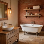 A rustic bathroom that feels genuinely lived-in: reclaimed wood, stone, exposed brick, and warm Edison lighting combine to create a space with authentic heritage character.
