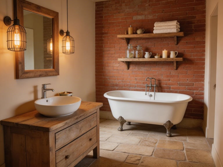 A rustic bathroom that feels genuinely lived-in: reclaimed wood, stone, exposed brick, and warm Edison lighting combine to create a space with authentic heritage character.