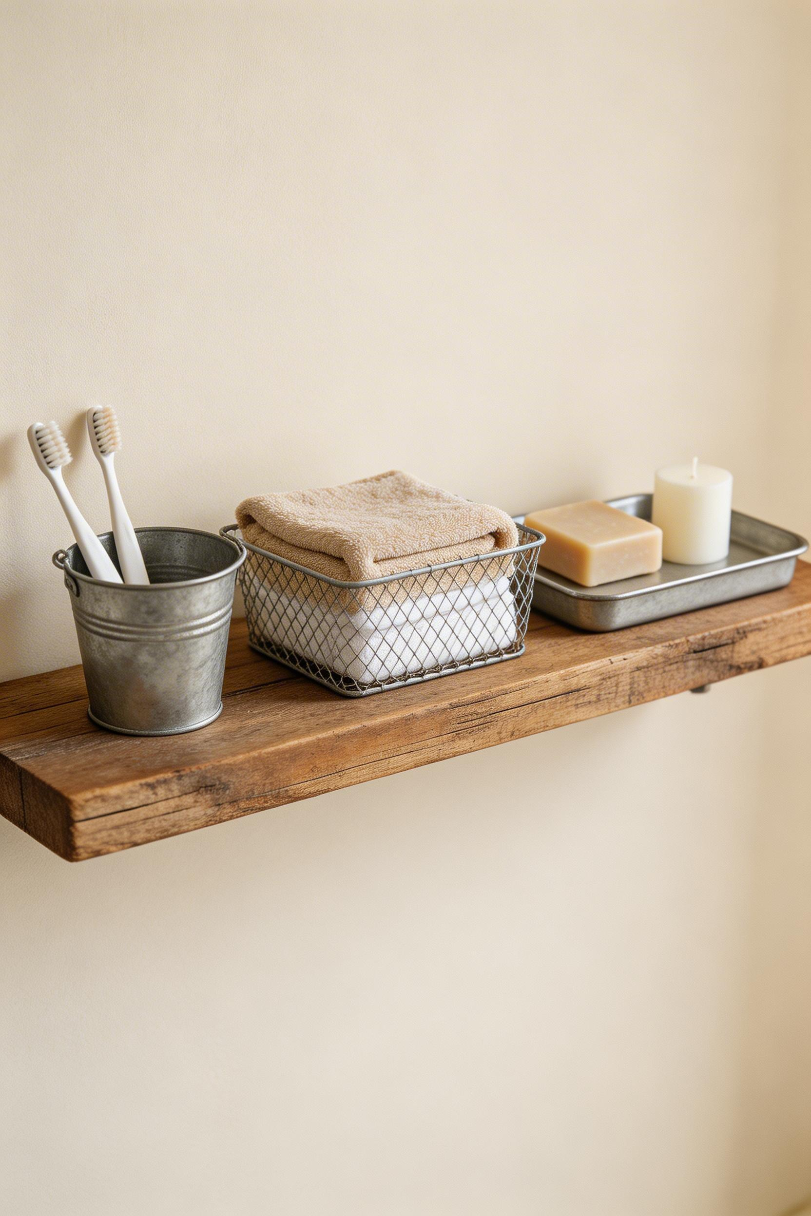 Galvanized metal accessories bring agricultural heritage to the bathroom — their matte silver-grey tone contrasts warm wood tones without competing with them.
