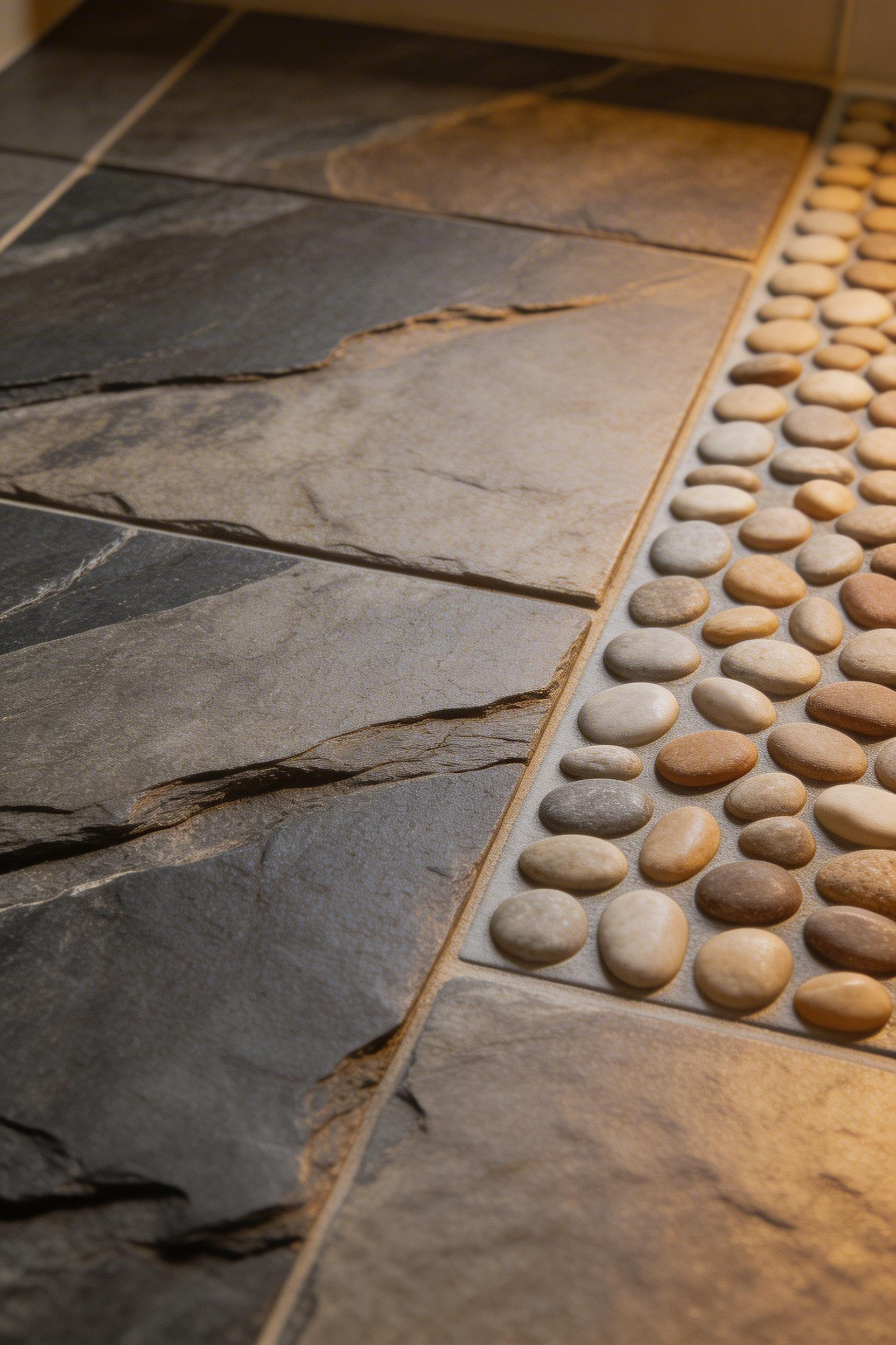 Natural slate flooring provides slip resistance and organic texture that improves with age — a floor that earns its character.