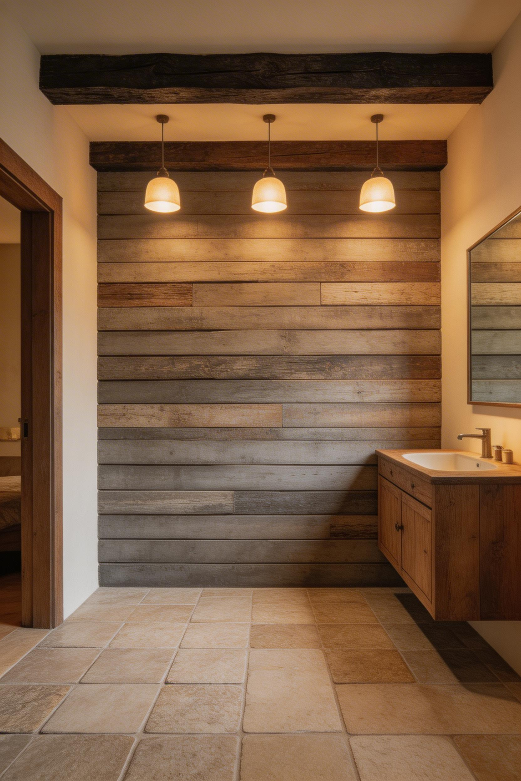 Ceiling beams transform a plain bathroom into a room with structural history — two beams are enough to suggest an old farmhouse or converted barn.