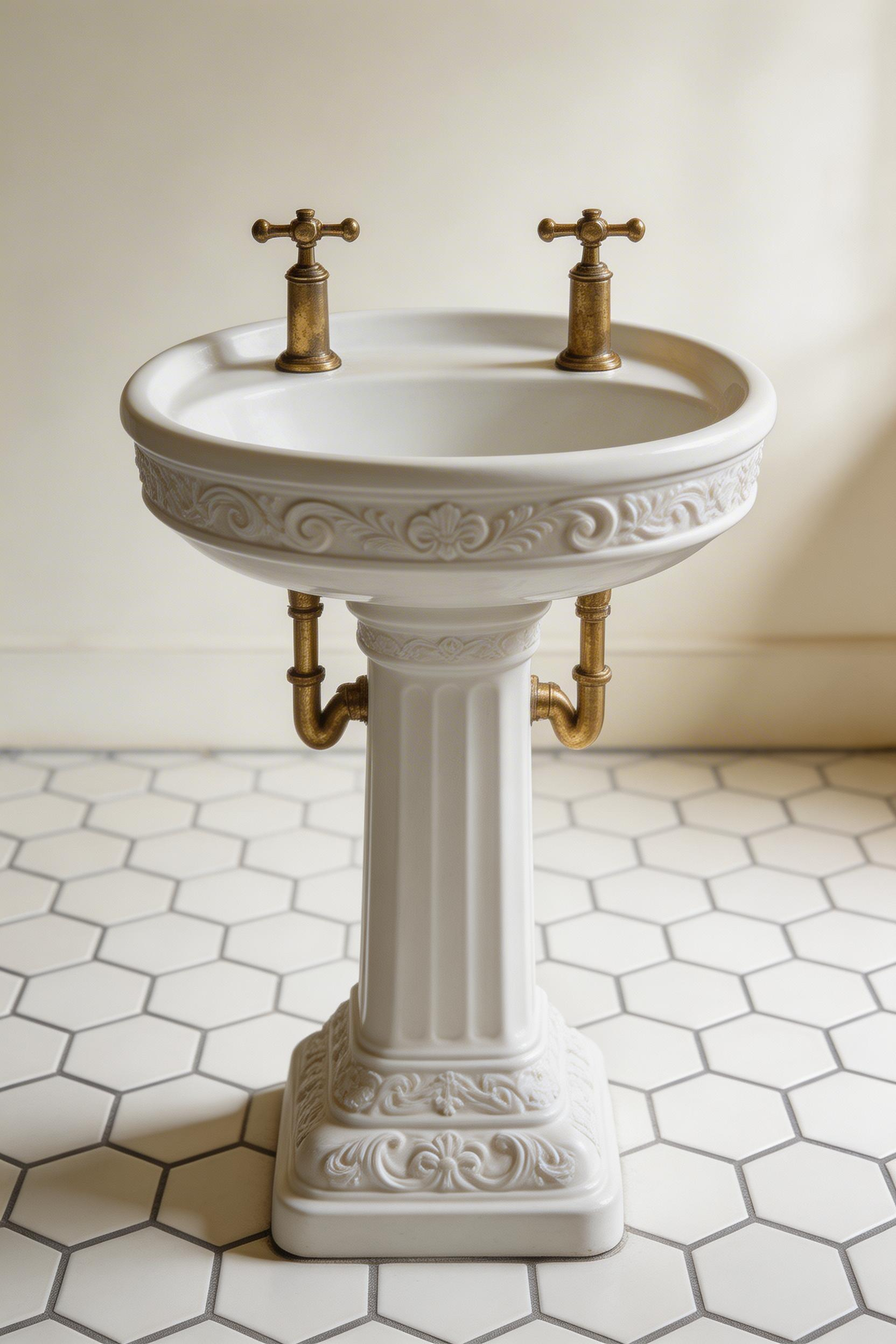 A fireclay pedestal basin from the Victorian era combines sculptural form with functional clarity — its exposed plumbing is part of the design, not hidden from it.