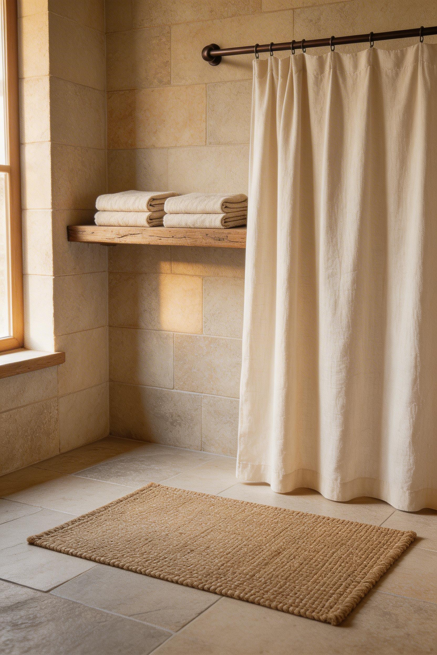 Natural fibre textiles in undyed linen and woven jute reinforce the rustic palette with honest texture — materials that signal craft rather than manufacturing.