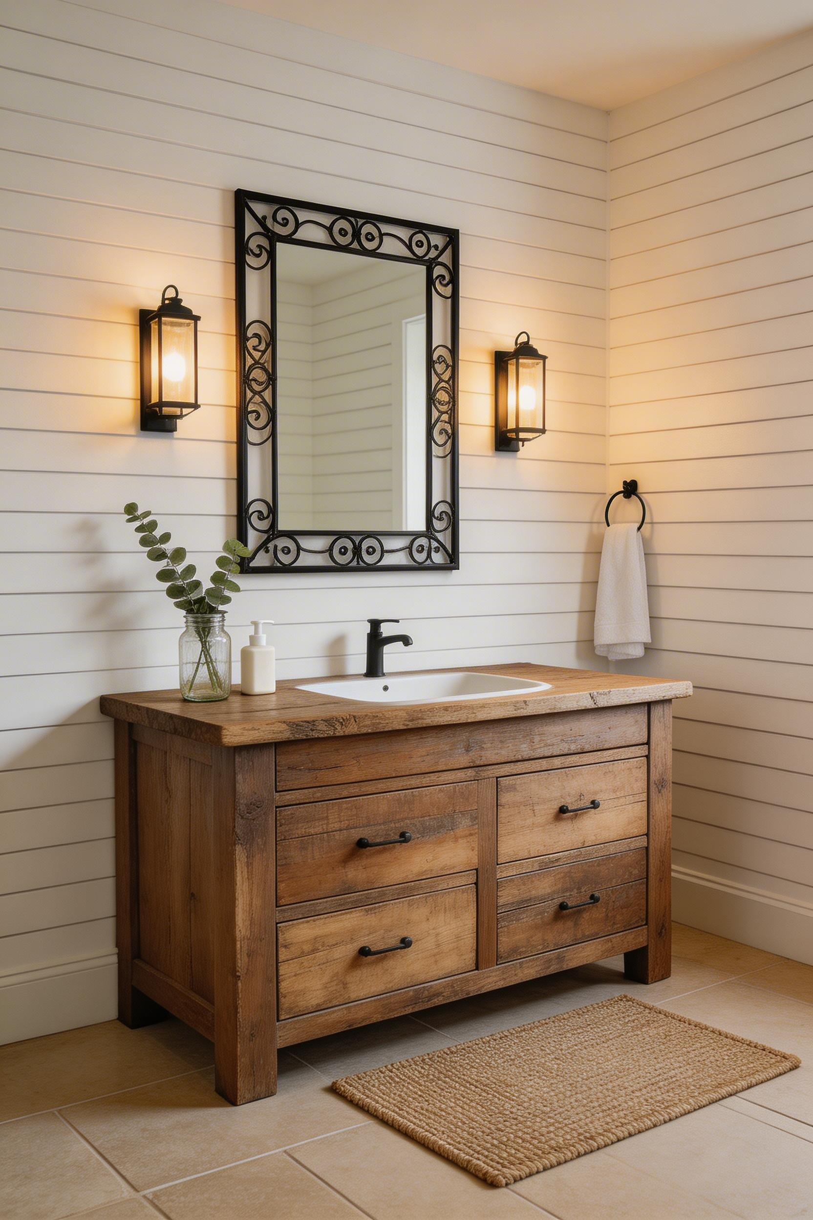 Horizontal shiplap brings the honest utilitarian character of old American farmhouses into the bathroom — lines that create rhythm and texture.