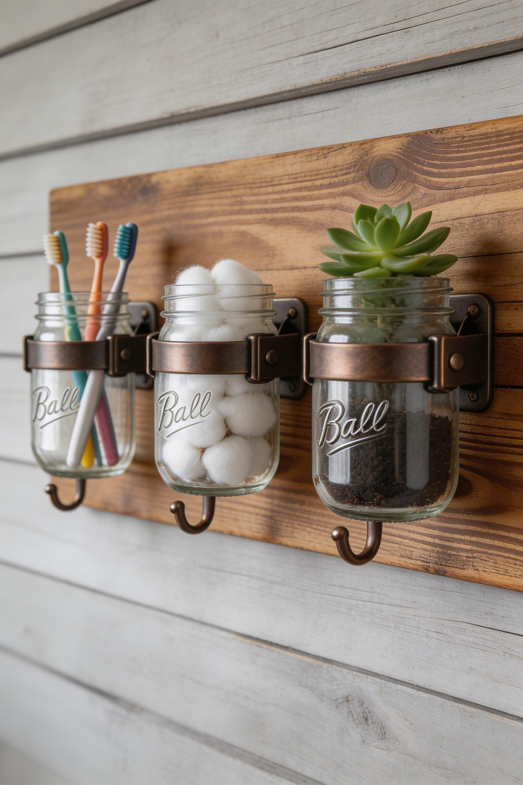 Mason jar organisers bring functional heritage to the bathroom — the same design used for food preservation since the 1880s, now holding your everyday essentials.