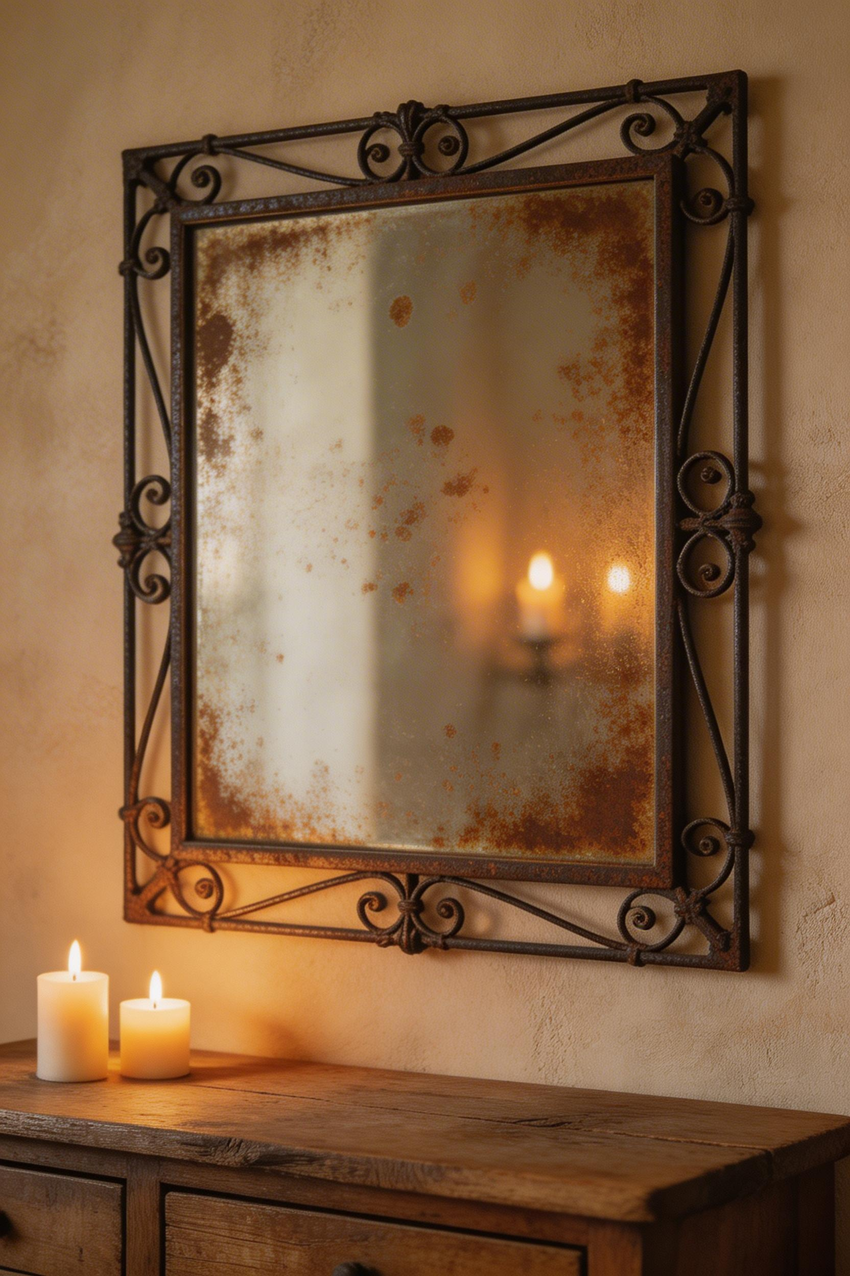 An antique foxed mirror softens reflections while adding decades of patina — its wrought iron frame and clouded glass carry atmosphere no modern mirror offers.