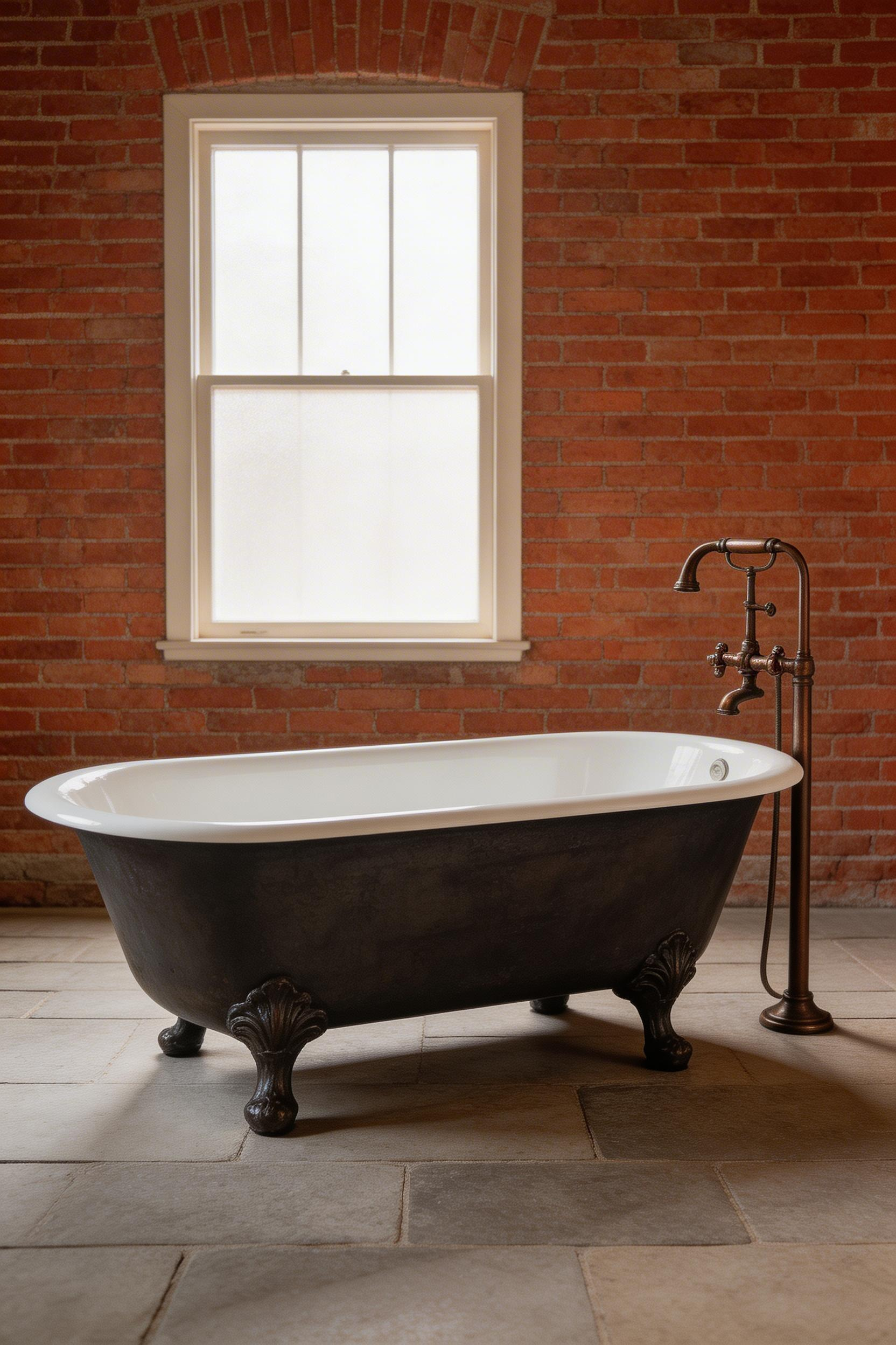A cast iron clawfoot tub is a sculptural statement — its freestanding form and exposed plumbing give the bathroom visible structural honesty.