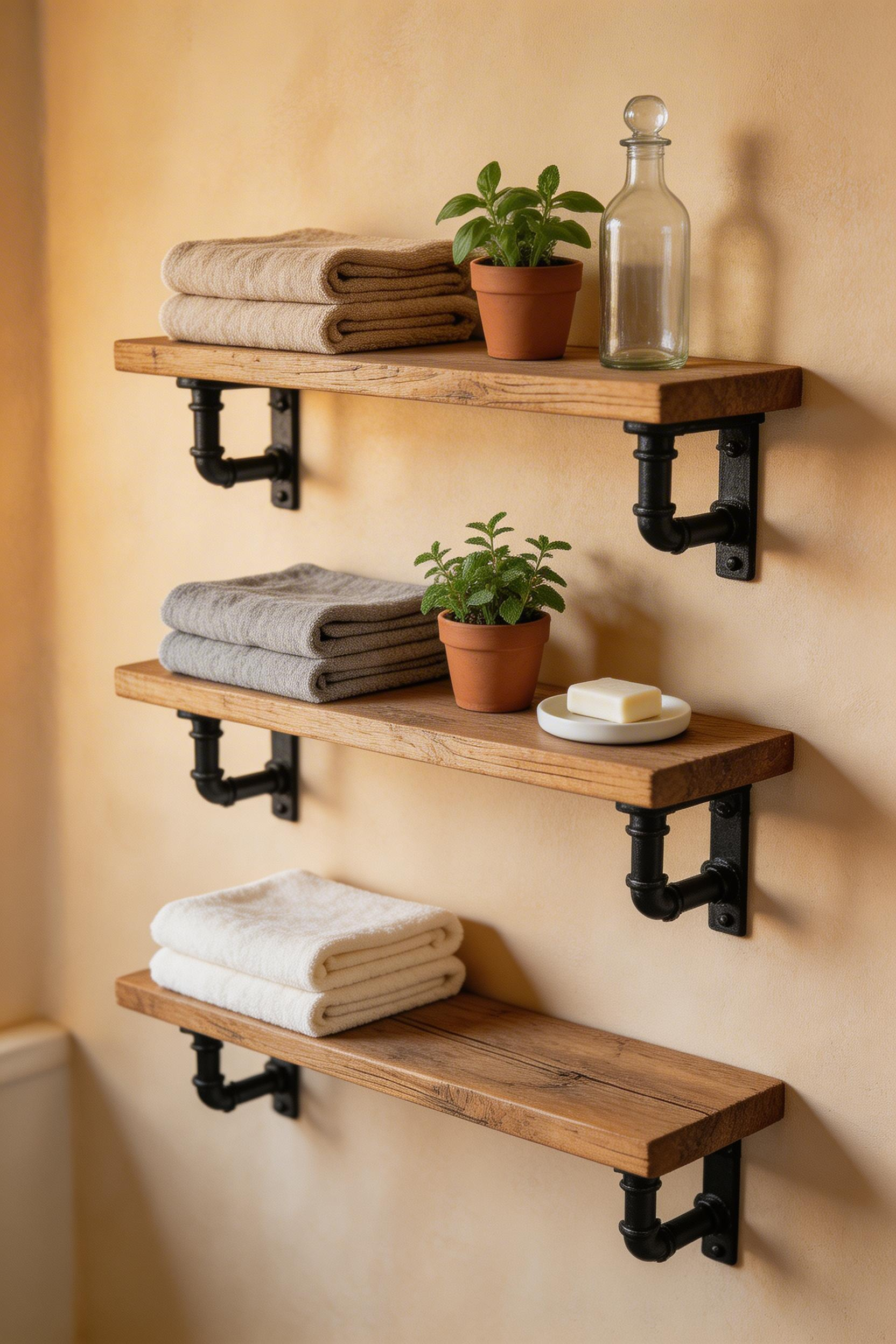Open wooden shelving keeps storage visible and beautiful — the brackets, timber, and carefully curated objects all contribute to the rustic character.