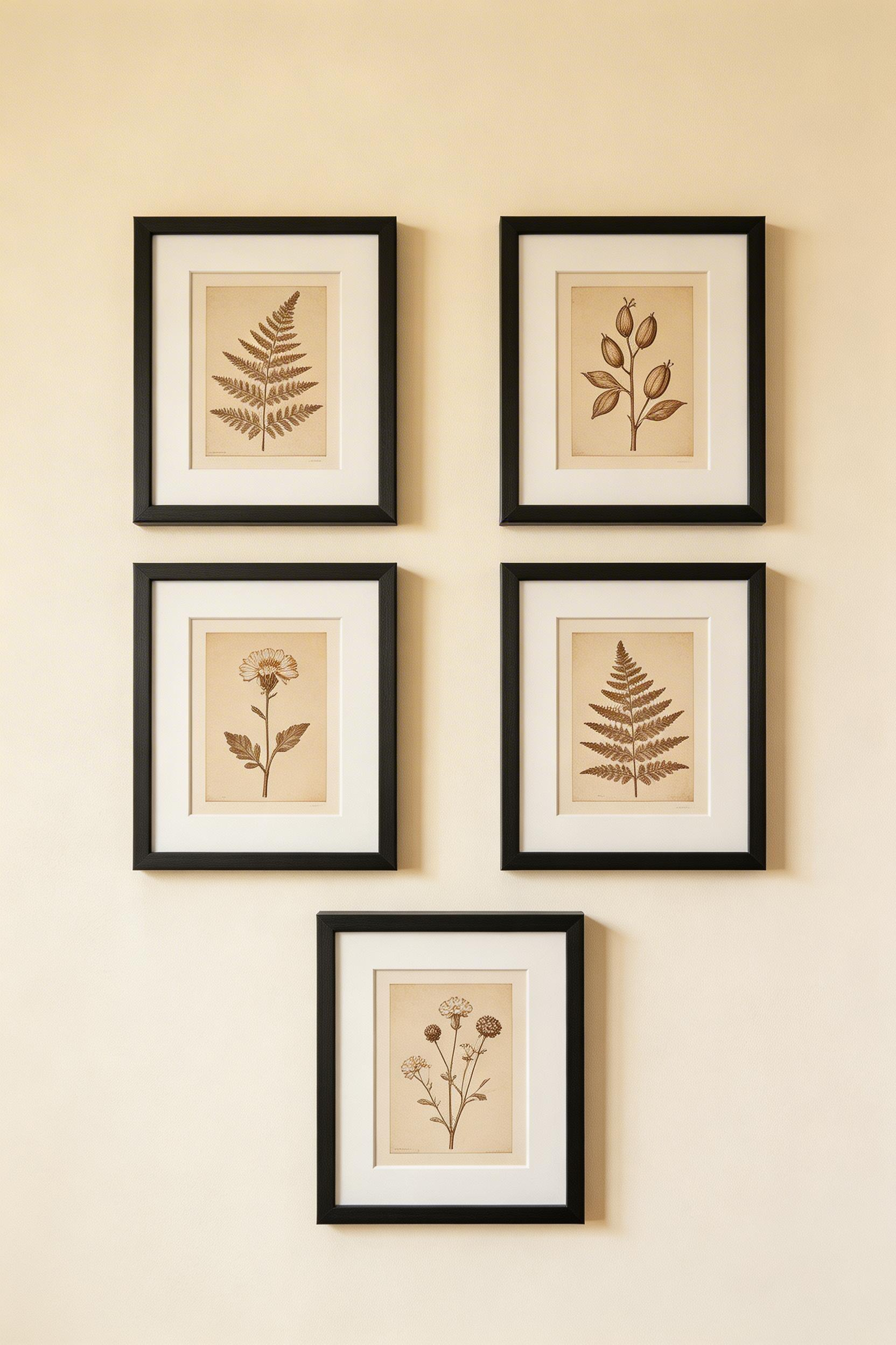 A gallery of botanical herbarium prints connects the rustic bathroom to the natural world — scientific illustration that echoes the stone and wood materials around it.