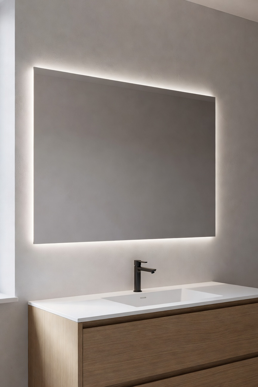 A minimalist Scandinavian bathroom with a large backlit floating mirror creating a soft glow against a grey wall.