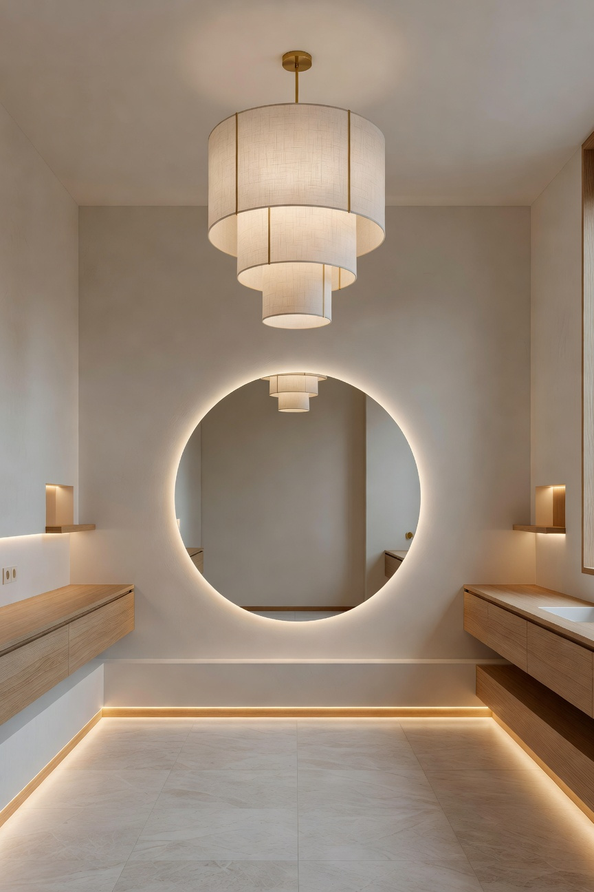 A modern Scandinavian bathroom designed with multiple soft light sources and layered shades to create a warm and inviting atmosphere.