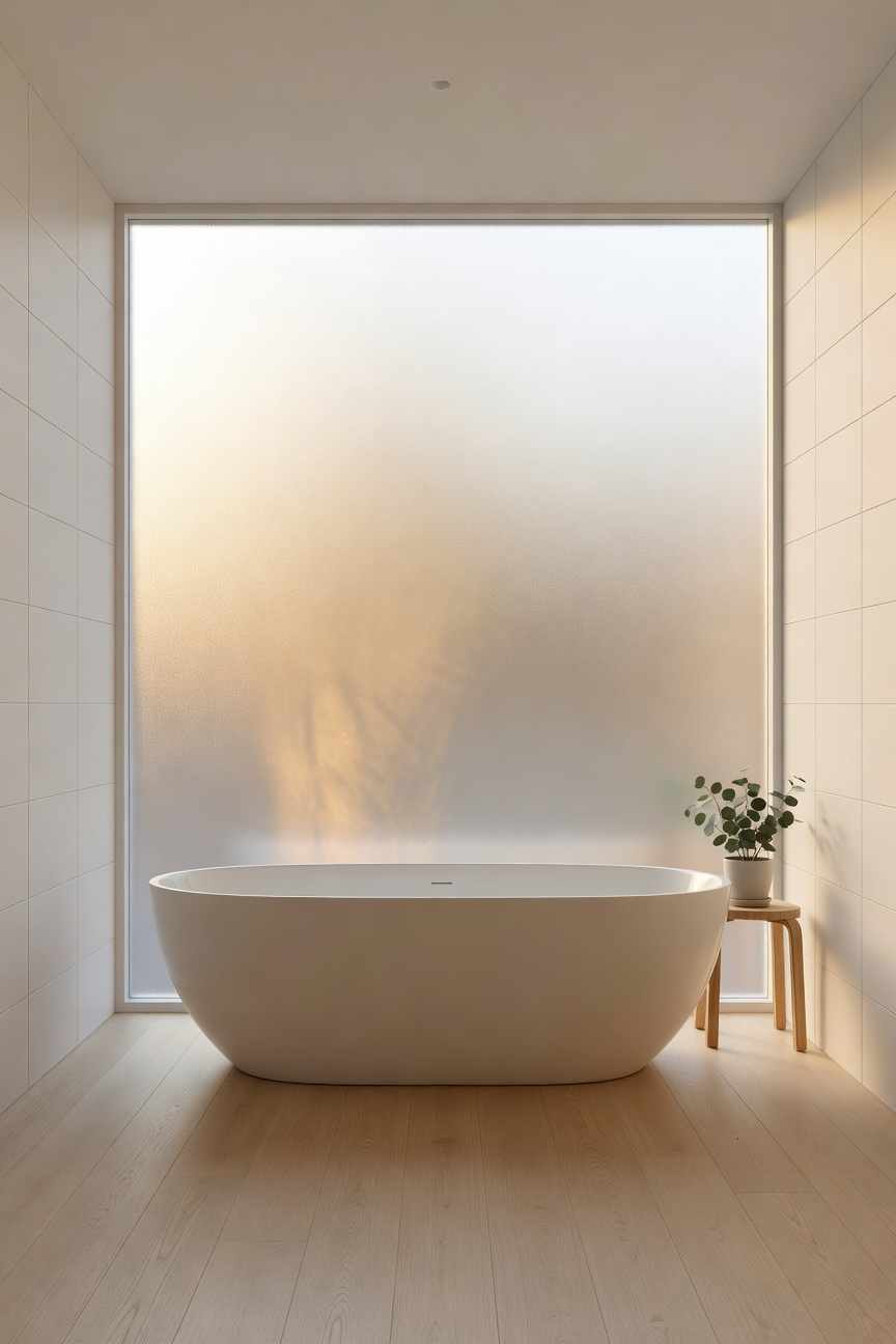 A bright Scandinavian bathroom design featuring a large frosted glass window that diffuses natural sunlight near a white freestanding bathtub.