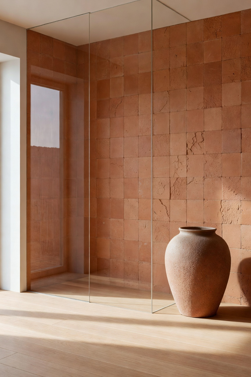 A modern Scandinavian bathroom interior featuring a transparent glass shower wall next to a textured, rough-hewn terracotta tile wall.