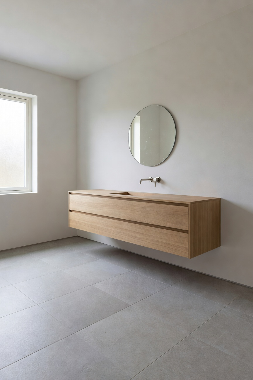 A bright Scandinavian bathroom featuring a light wood floating vanity and continuous large-format stone floor tiles to maximize the sense of space.