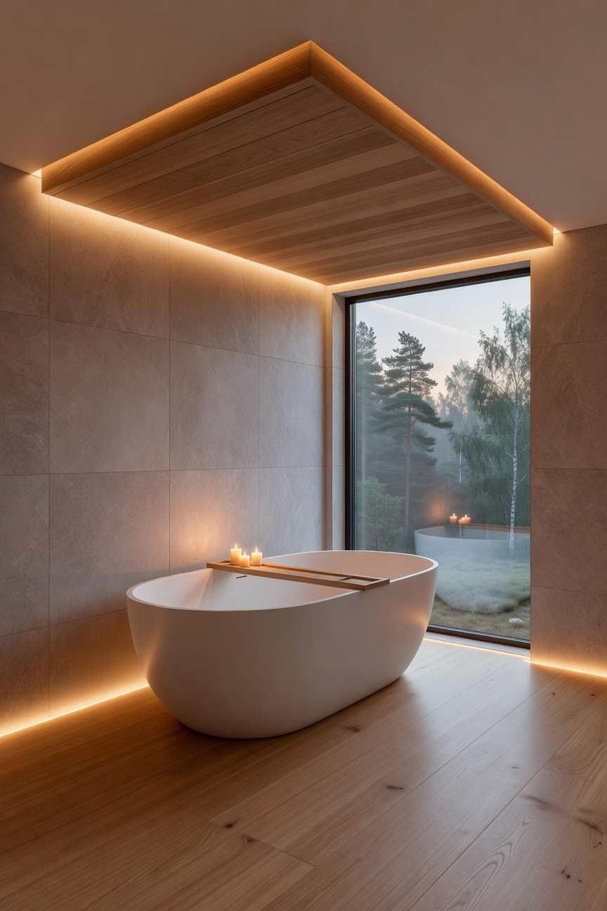 A cozy Scandinavian bathroom featuring a white soaking tub under a lowered wood ceiling with warm amber lighting and stone walls.
