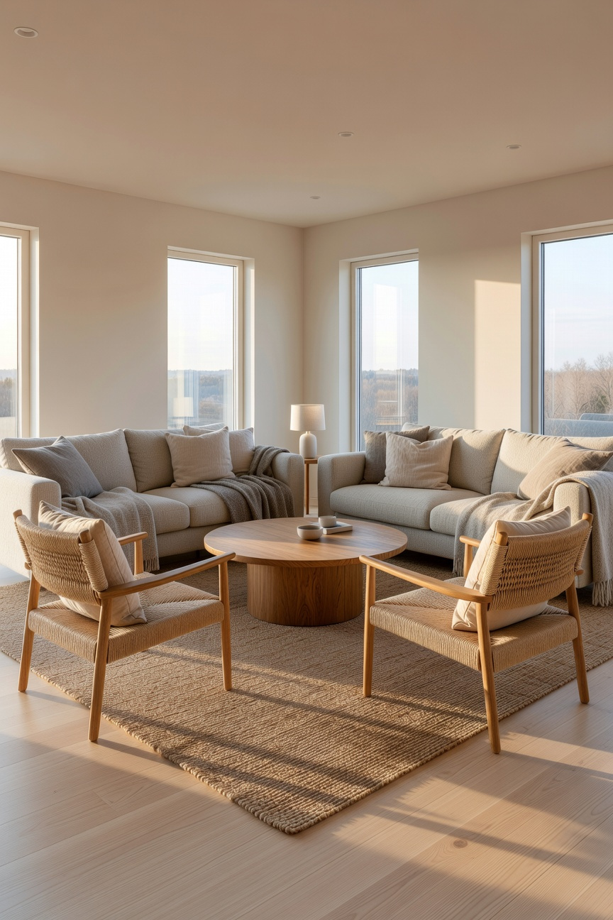 A Scandinavian living room decor idea showing a circular seating arrangement with sofas and wooden chairs centered around a round coffee table.