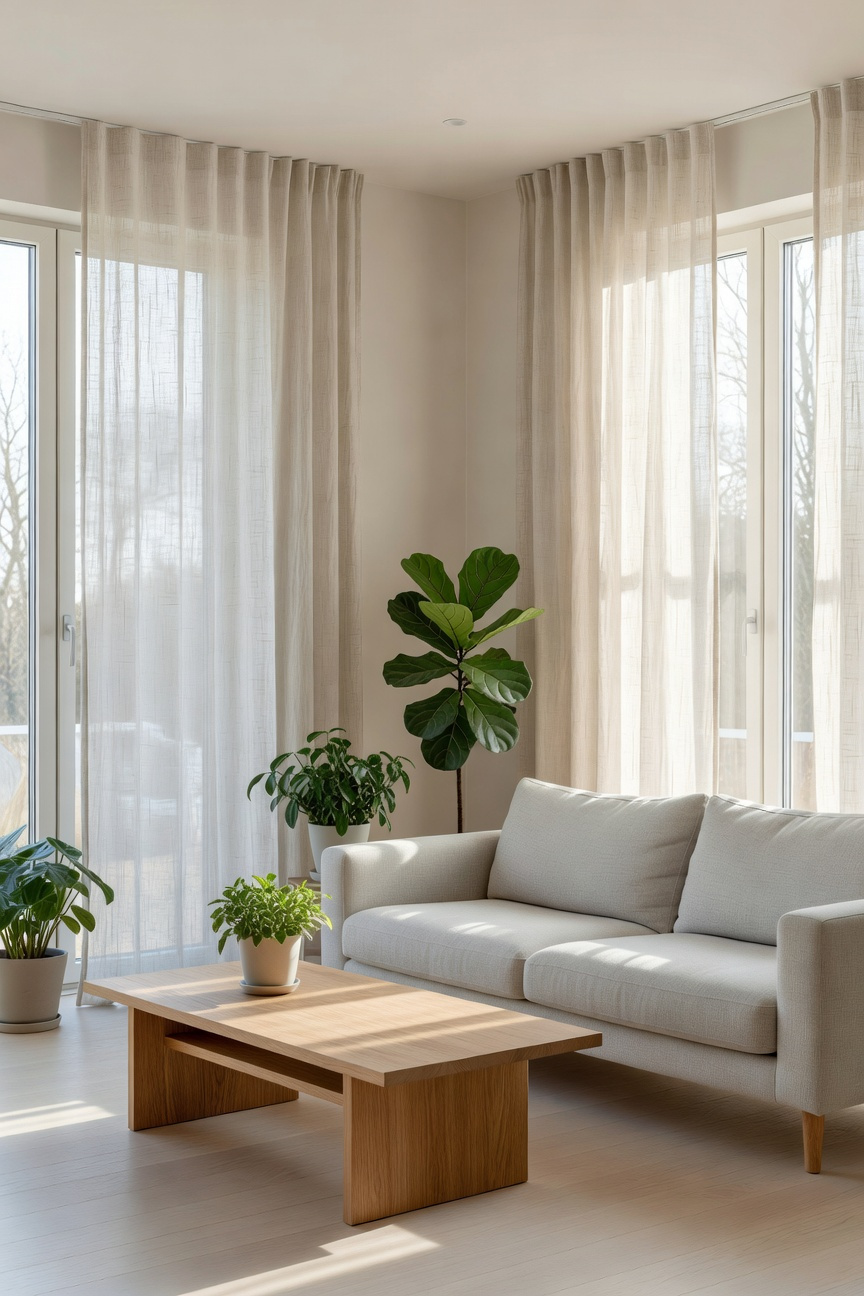 A bright Scandinavian living room featuring sheer minimalist linen curtains that filter natural sunlight into a soft, warm glow across modern furniture.