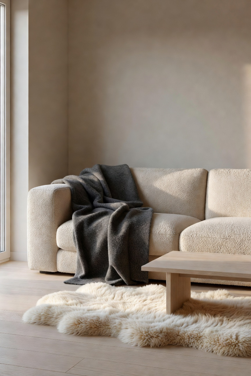 A bright Scandinavian living room featuring a textured bouclé sofa, a charcoal boiled wool throw, and a plush sheepskin rug.