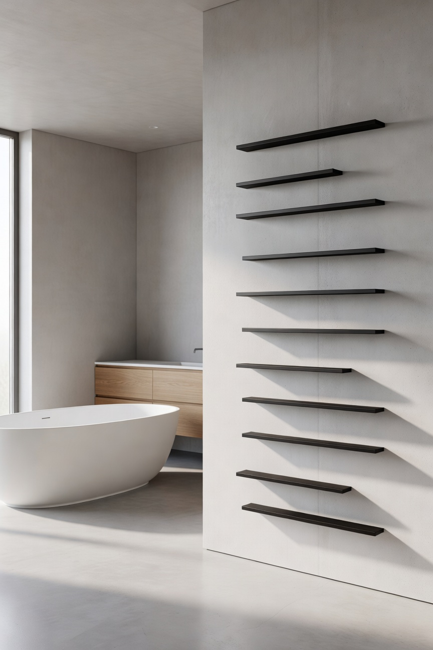 A modern bathroom featuring a sculptural arrangement of matte black cantilevered heated towel rails on a grey textured wall next to a white bathtub.