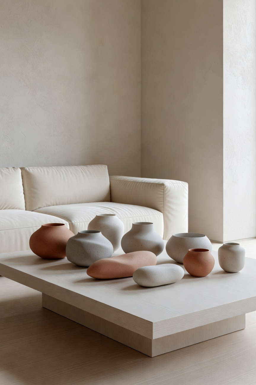 A minimalist living room design featuring hand-thrown matte ceramic vases on a wooden table with soft natural lighting and a neutral color palette.