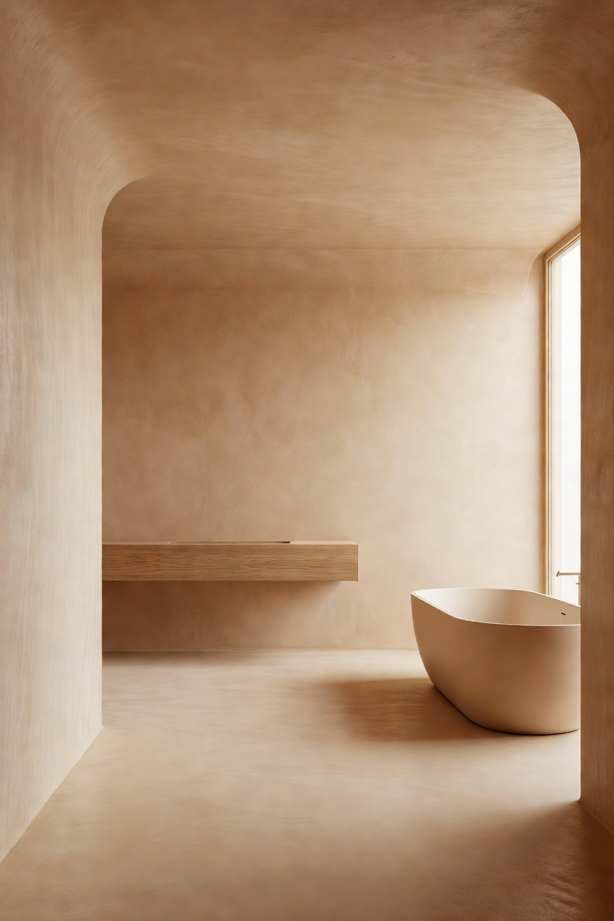 A minimalist bathroom design featuring seamless sand-colored microcement on the walls and floors with a freestanding white bathtub.