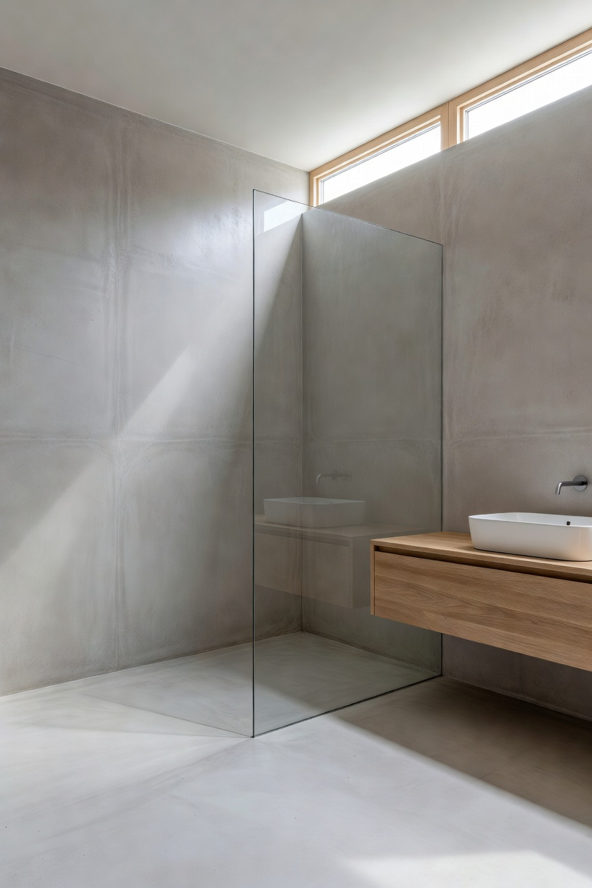 A modern Scandinavian bathroom with seamless micro-cement floors and walls, a floating wood vanity, and a frameless glass shower partition.