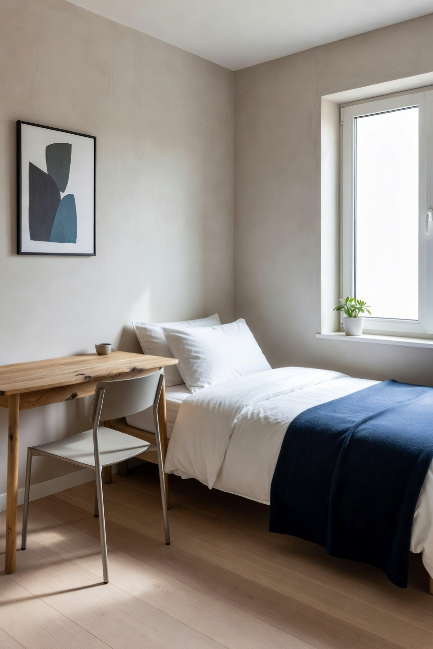 A small bedroom layout showing a bed pushed into a corner to fit a wooden desk and chair in the newly opened floor space.
