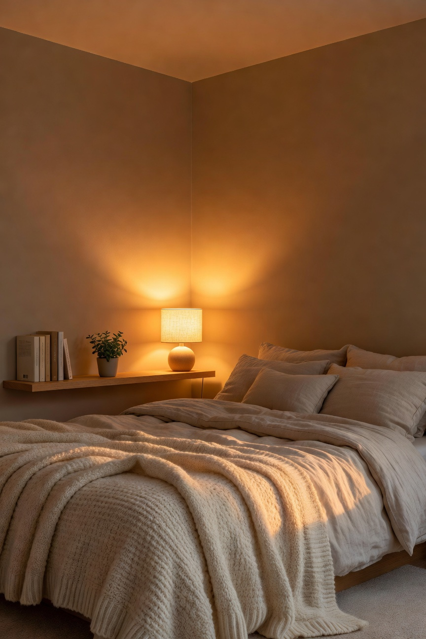 A small bedroom makeover featuring warm amber sunset lighting and cozy hygge textiles for a sensory evening wind-down.