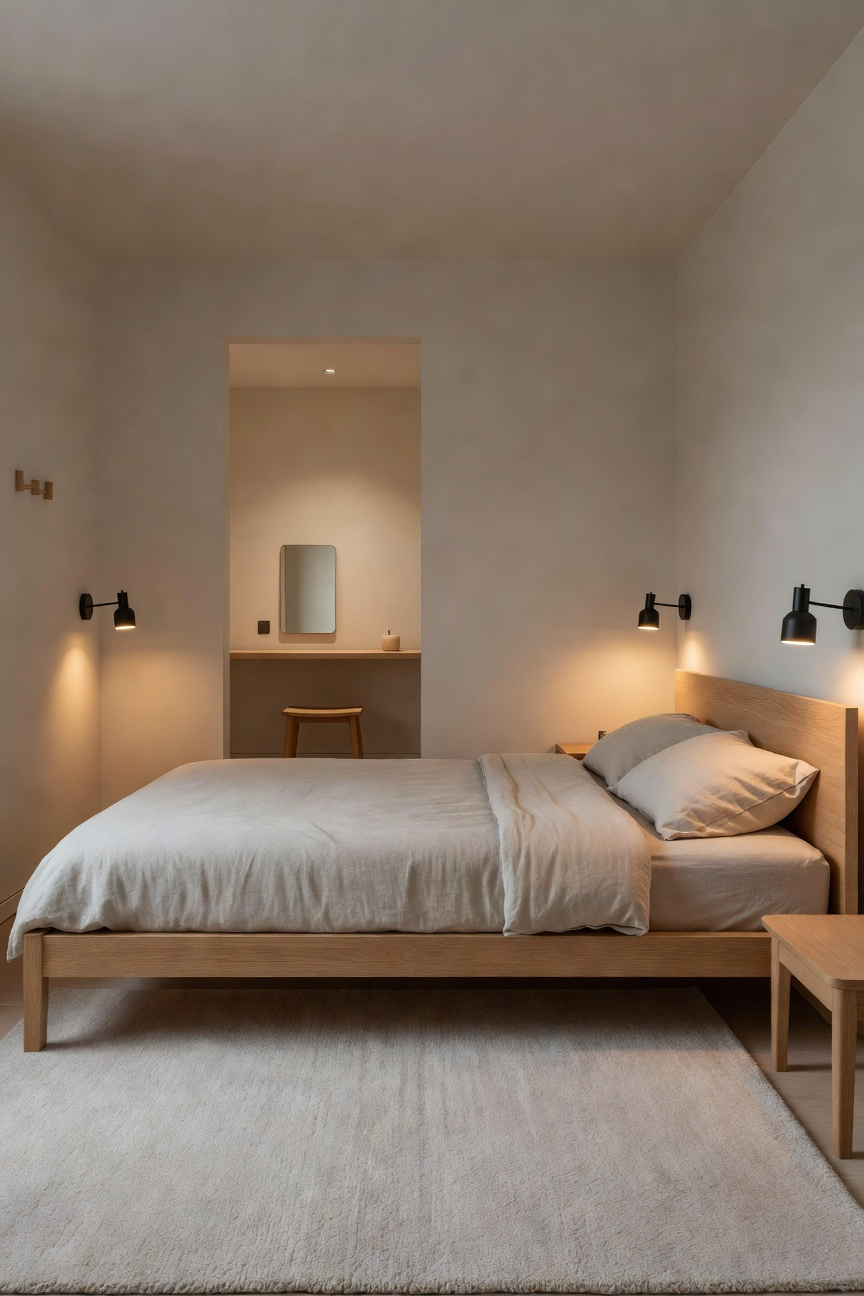 A small Scandinavian bedroom featuring layered lighting zones with wall-mounted swing-arm sconces and warm ambient highlights.