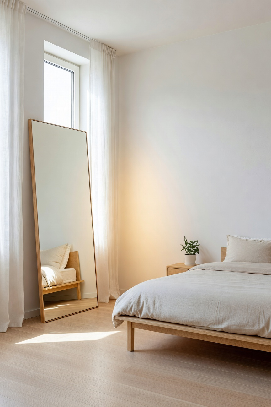 A small modern bedroom showing a large mirror angled toward a window to reflect natural light and create a bright Scandinavian aesthetic.