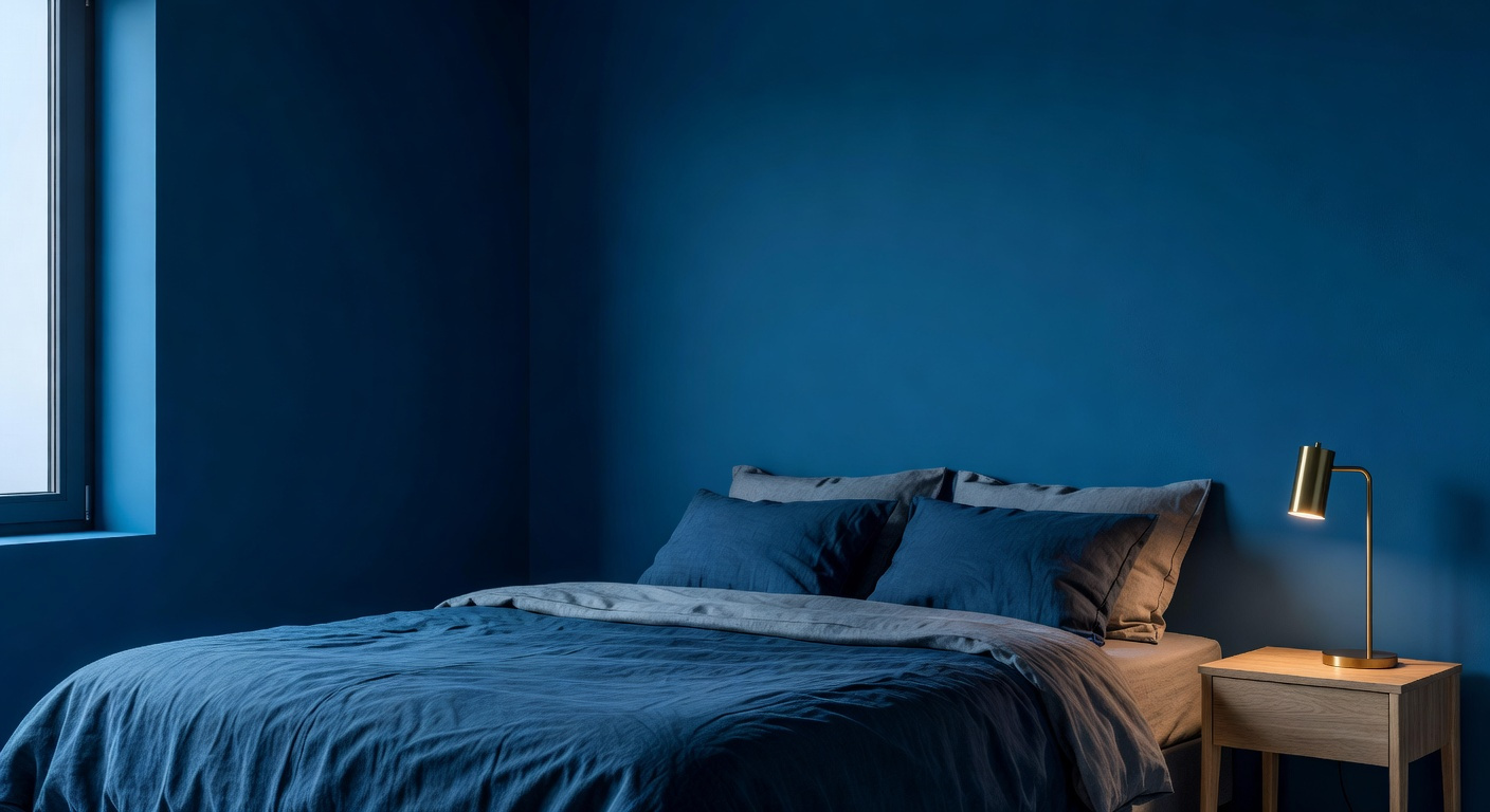 A small bedroom with saturated Nordic blue walls and minimalist furniture designed to demonstrate how dark colors expand a tight space.