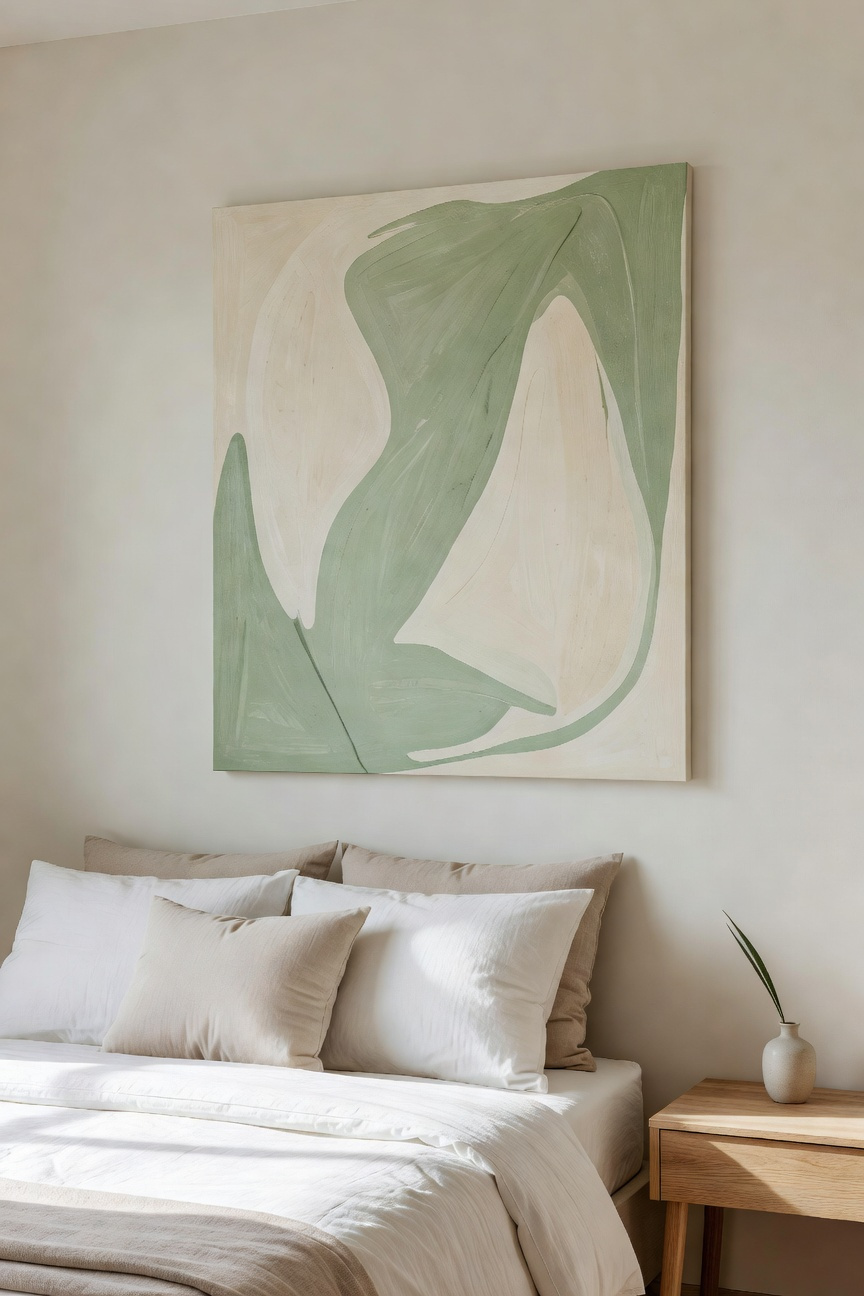 A small modern bedroom featuring a single oversized abstract painting above a bed with white linens to create a calm focal point.