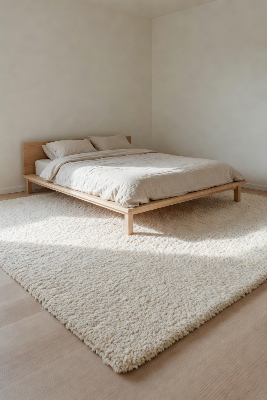 A Scandinavian small bedroom makeover showing a large oversized wool rug anchoring a queen bed on light wood floors.