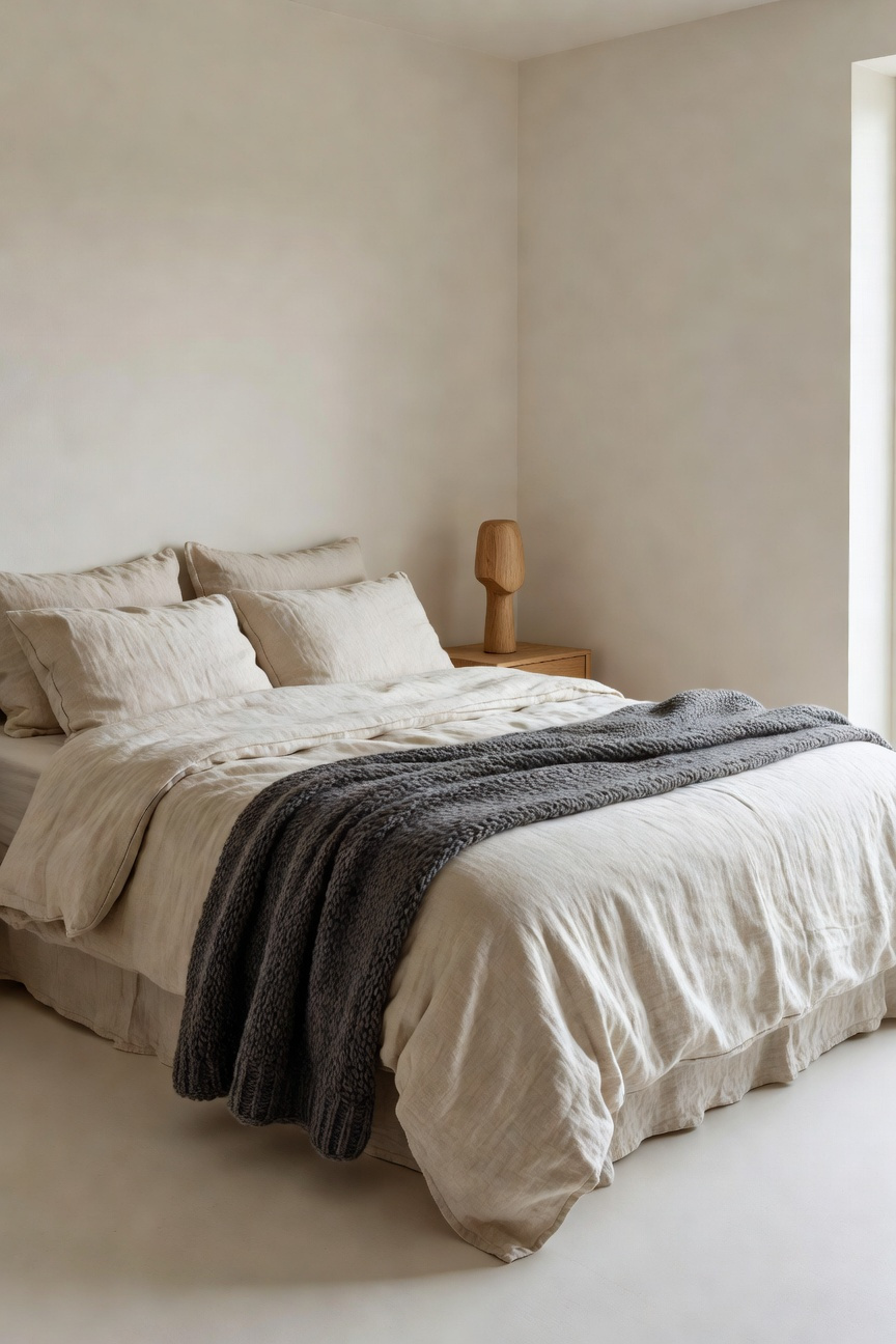 A small minimalist bedroom featuring layered natural linen bedding and a thick wool throw blanket in a clutter-free Scandinavian style.