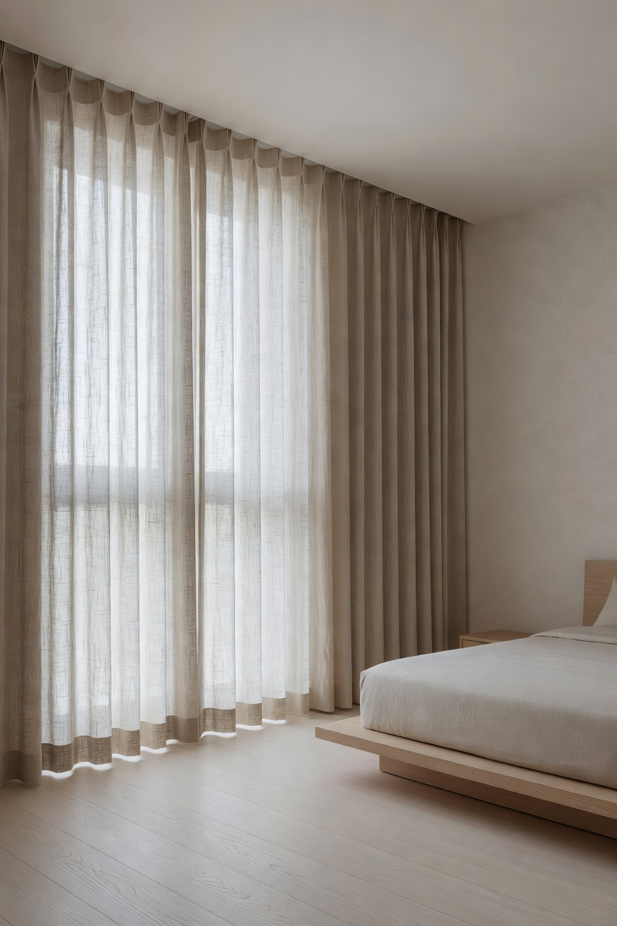 A small bedroom with floor-to-ceiling light-colored linen curtains mounted to the ceiling to create an illusion of height.
