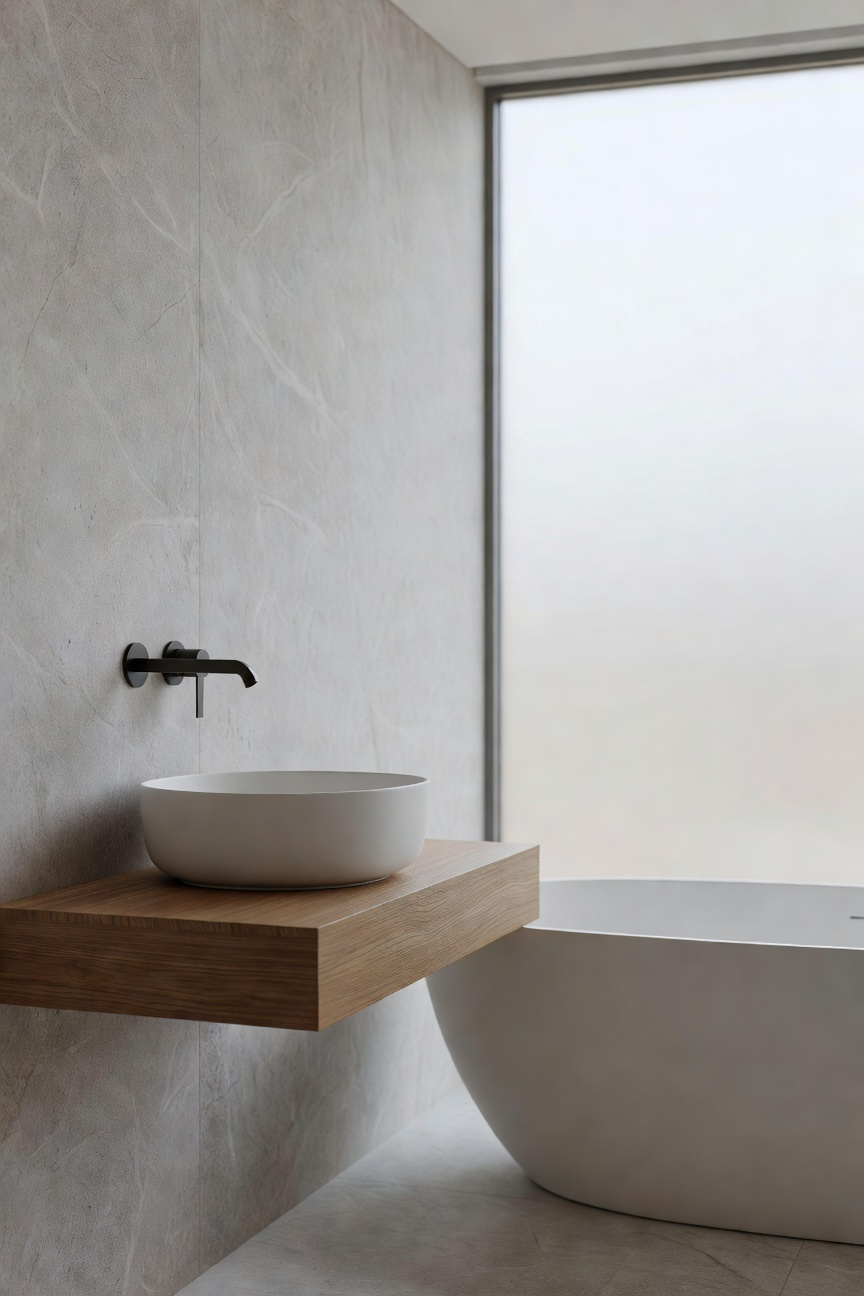 Modern minimalist bathroom interior featuring sleek wall-mounted hardware and a floating wood vanity under soft natural light.