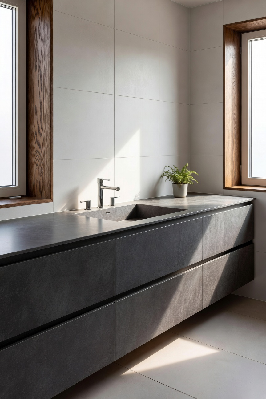 A modern bathroom featuring a sustainable charcoal gray composite countertop made from recycled paper and bio-resins in a Scandinavian design style.