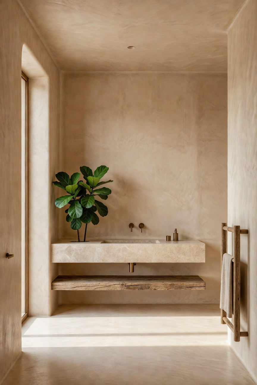 A full-view luxury bathroom renovation featuring seamless Tadelakt plaster walls and natural stone surfaces under soft morning light.