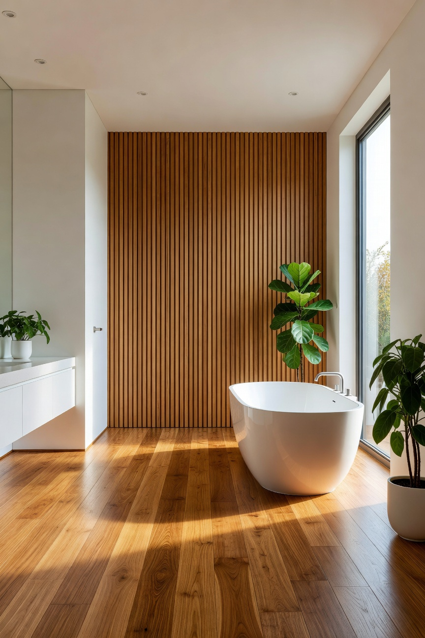A modern bathroom design featuring warm teak wood flooring and a vertical slatted wood accent wall behind a white soaking tub.