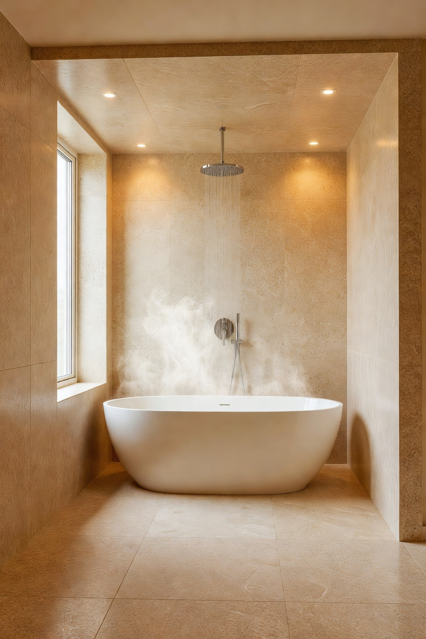 A modern wet room design showcasing a white freestanding bathtub and a rainfall shower head integrated into a single stone-tiled space.