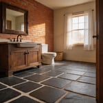 A comprehensive rustic bathroom showcasing the interplay of natural materials—stone flooring, aged brick, reclaimed wood—with period-appropriate fixtures and warm lighting.