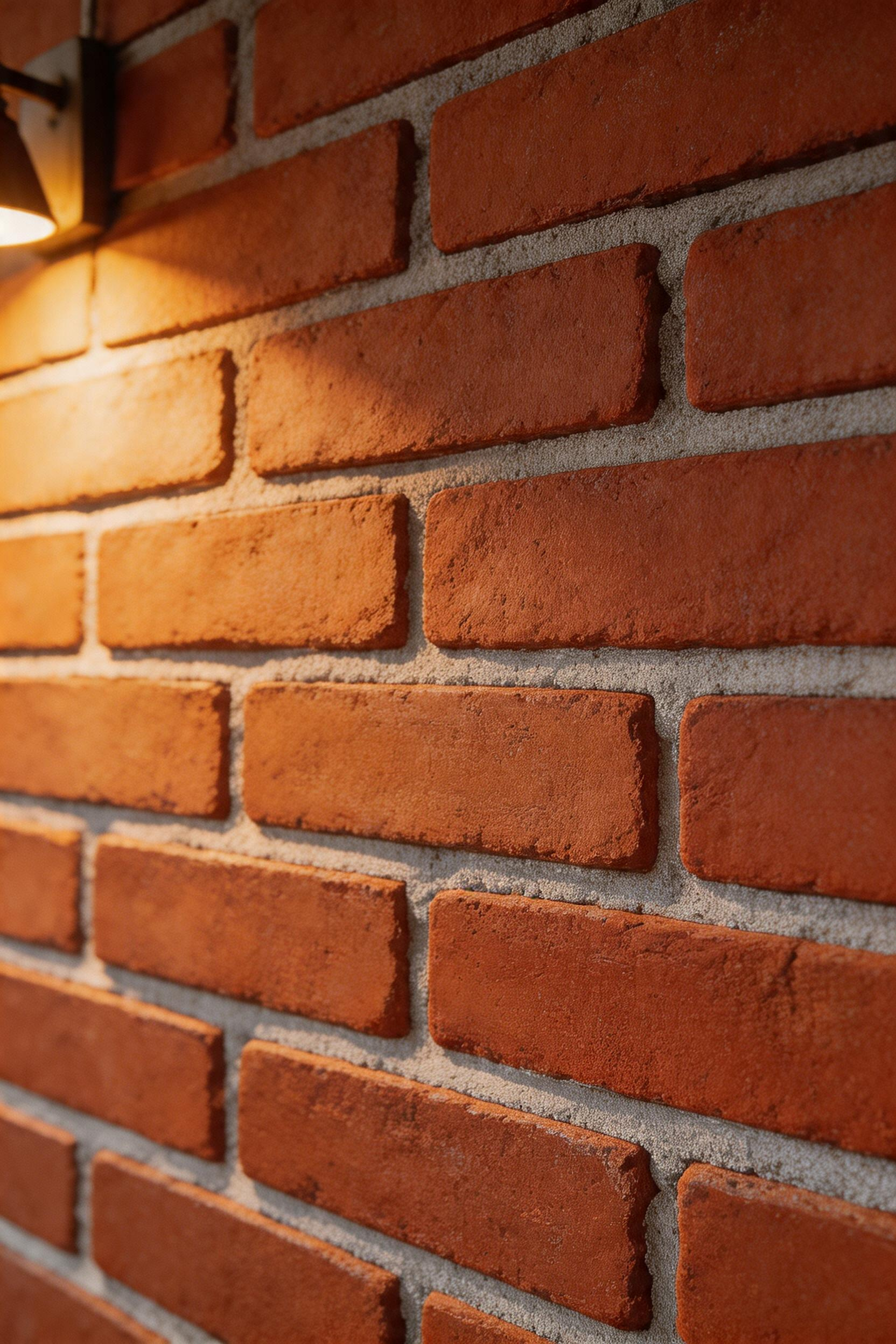 Exposed brick highlighted by strategic grazing light, revealing the texture and warm color that authentic aged brick brings to rustic bathrooms.