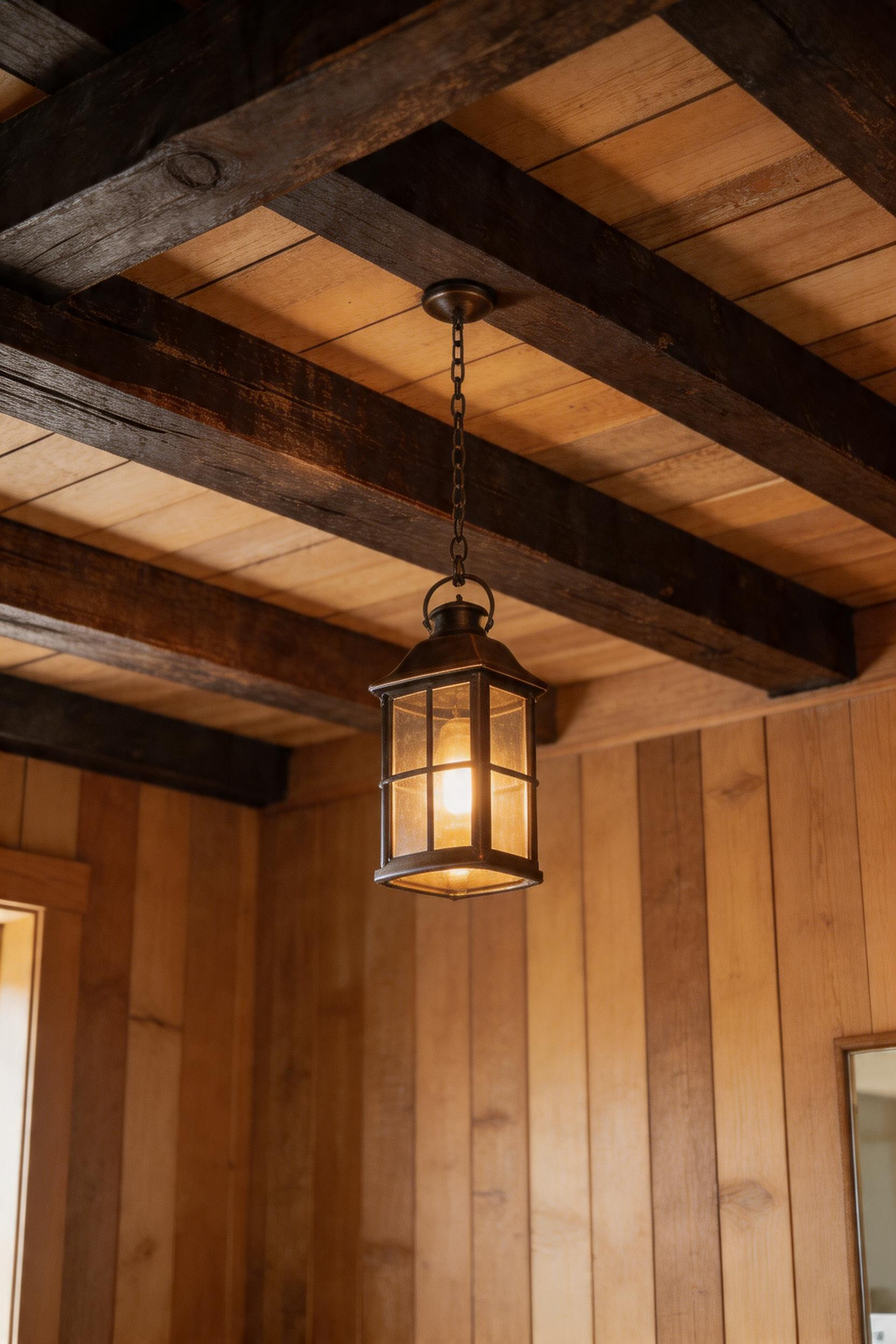 Wood beams and coordinating lantern pendant lighting creating an authentic heritage ceiling treatment that anchors rustic bathroom design.