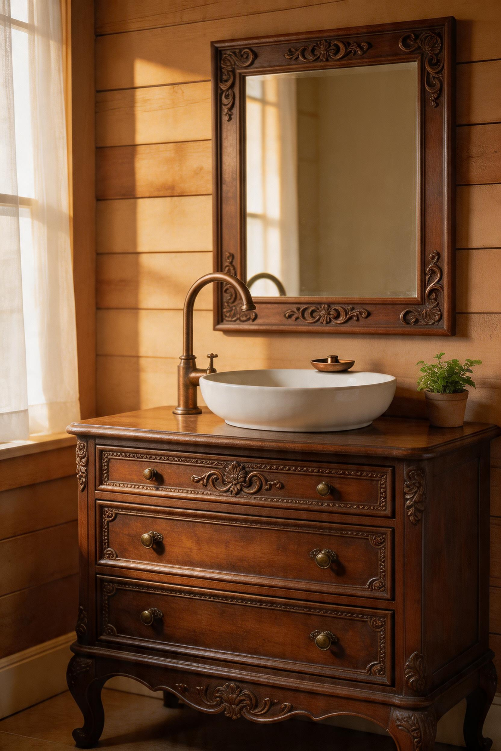 An antique dresser vanity conversion showcasing how salvaged furniture extends its functional life while bringing authentic heritage character to rustic bathrooms.