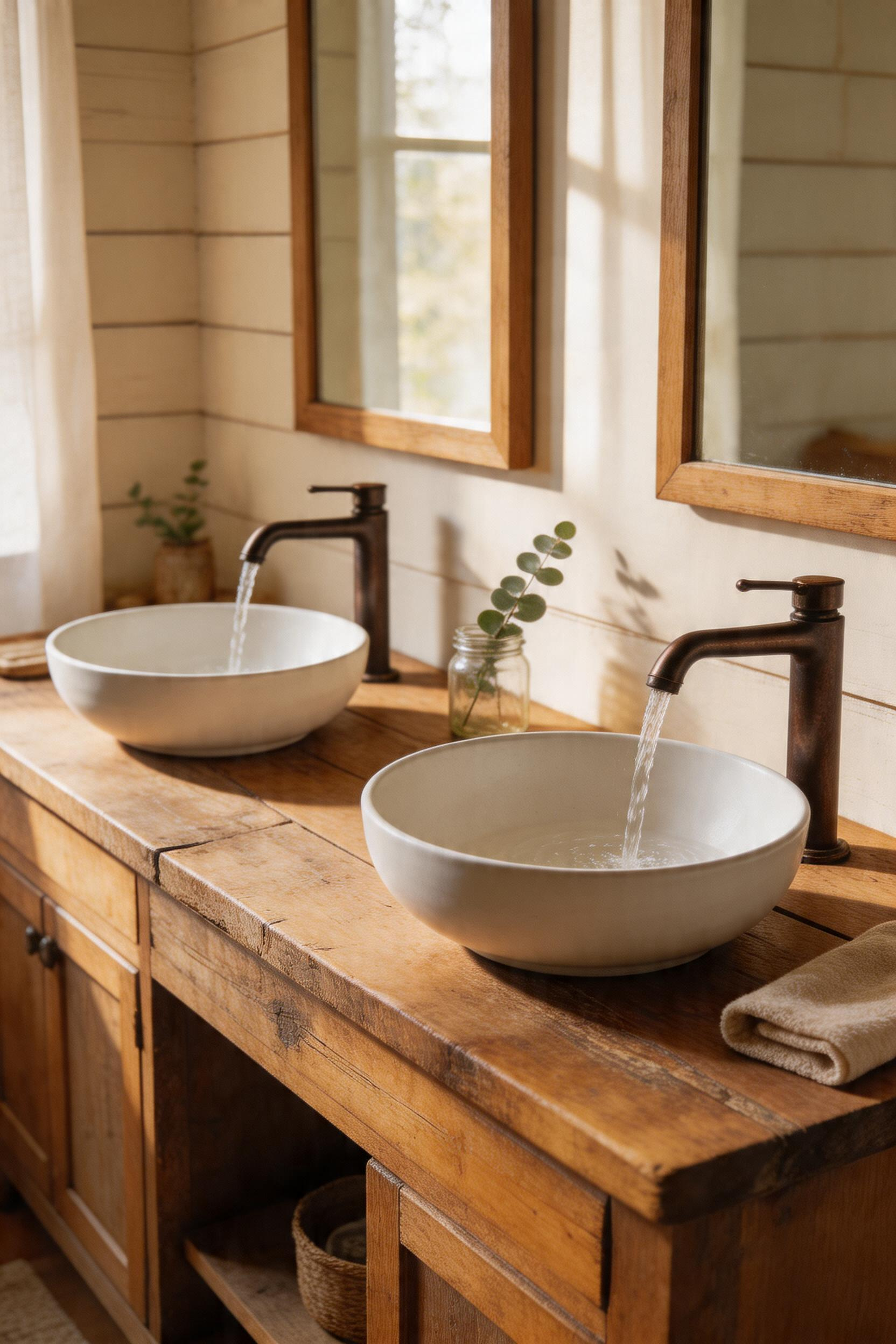 A reclaimed wood vanity showcasing the rich patina and visible grain of century-old barn timber, topped with simple ceramic vessels and paired with period-appropriate bronze fixtures.